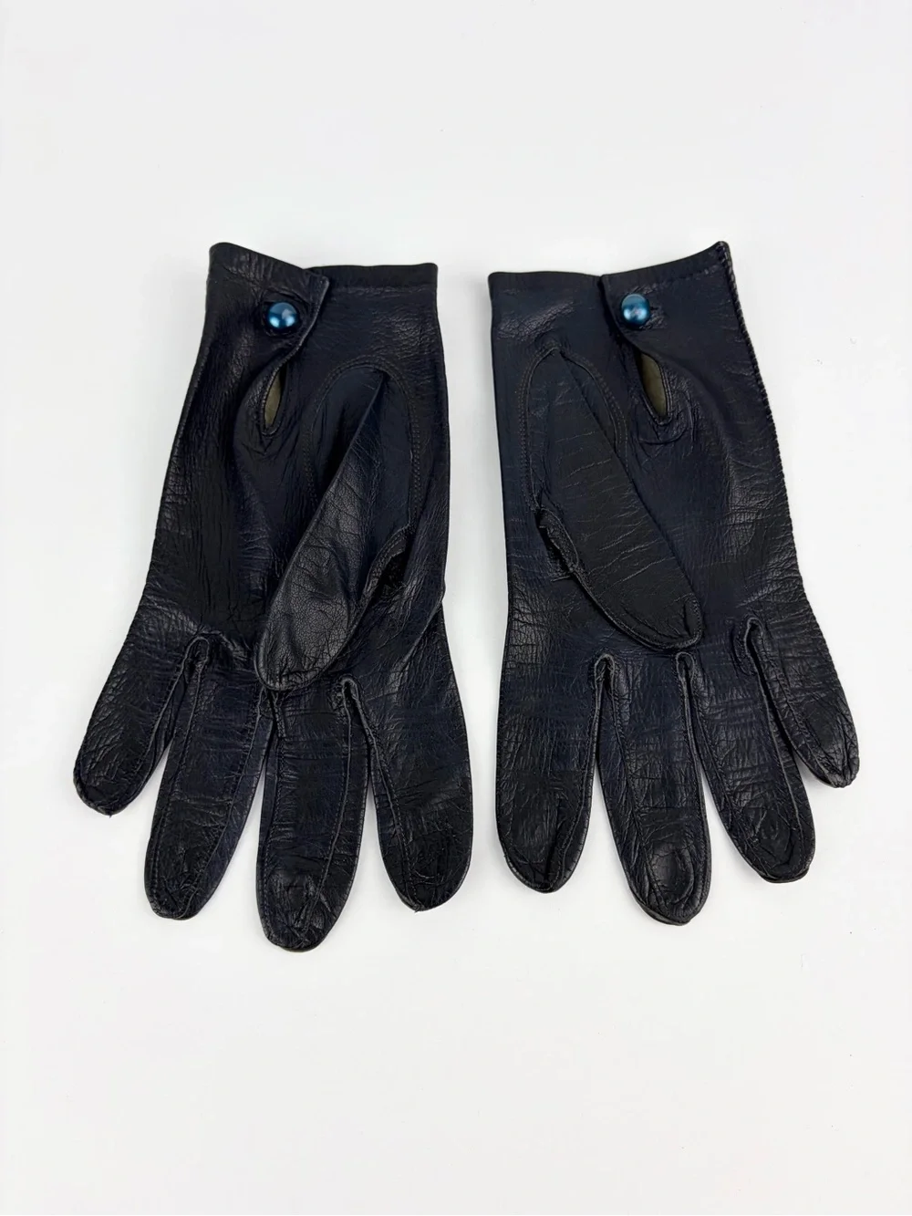 VTG 50s Aris of Paris Navy Blue Kid Suede Leather Hand Gloves Beaded Cuff 7